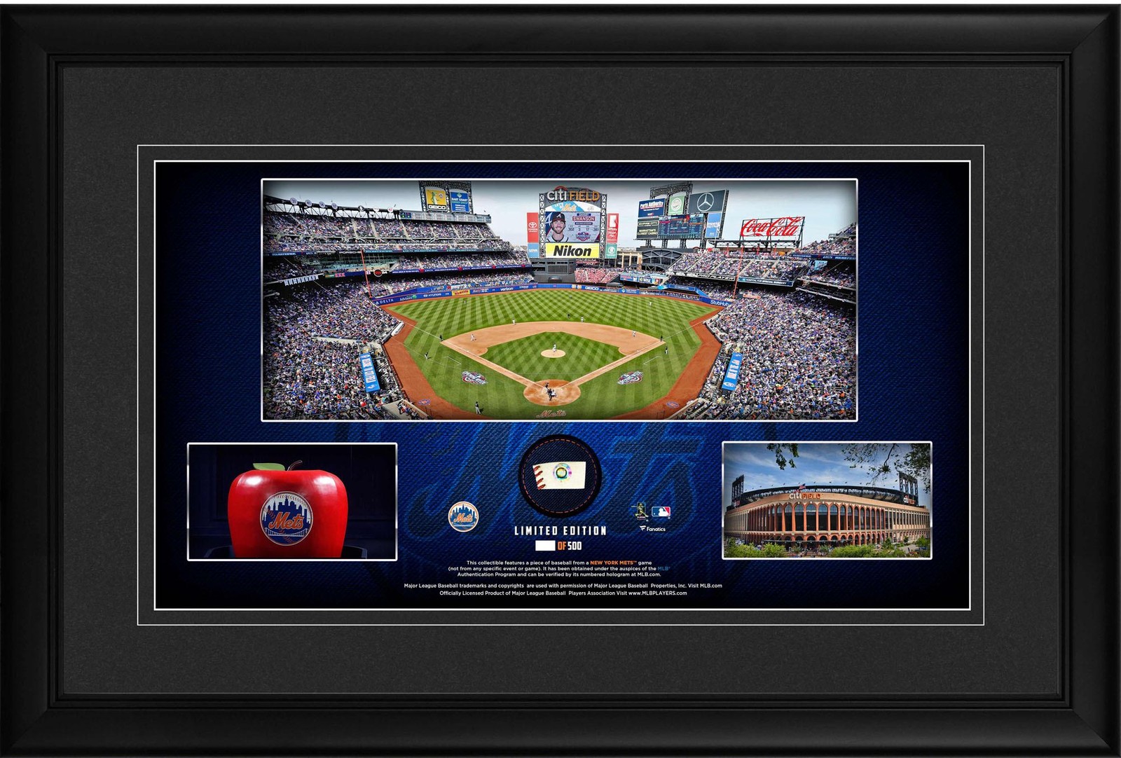 New York Mets Framed 10x18 Stadium Panoramic Collage & Piece of GU Baseball