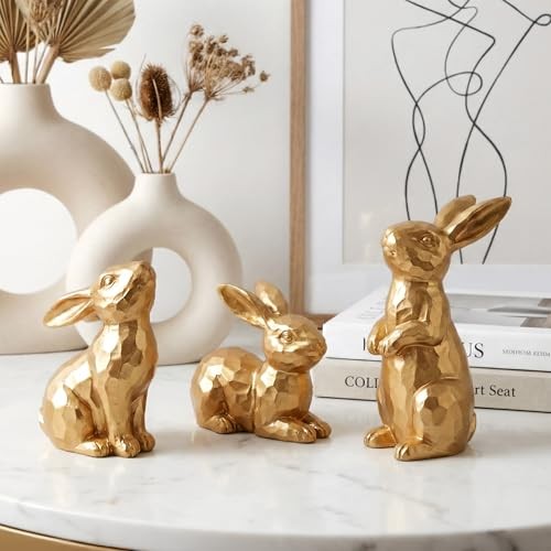 Easter Bunny Decor, Set of 3 Modern Geometric Resin Rabbit Figurines - Gold
