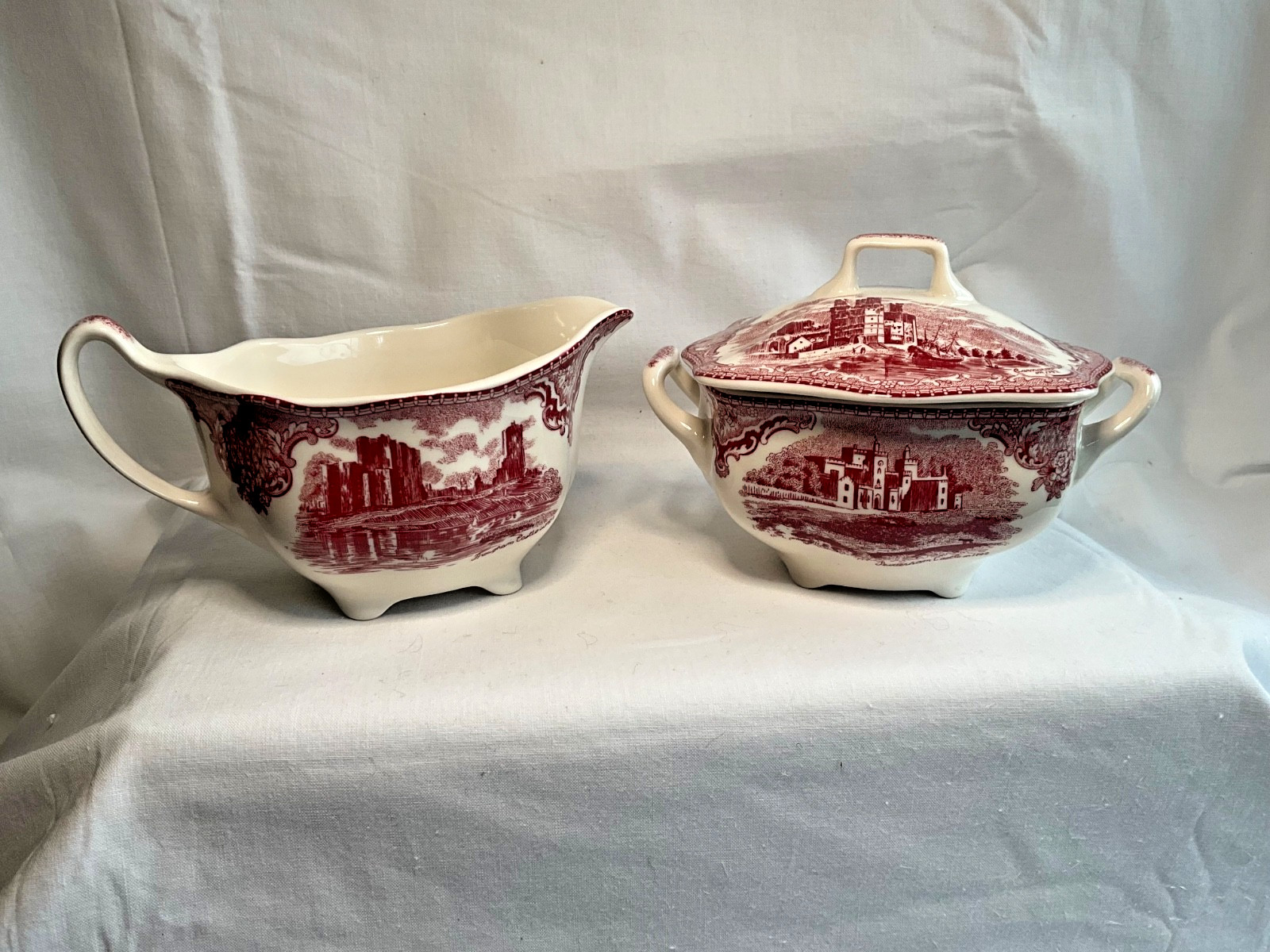 Johnson Brothers Old Britain Castles Pink Sugar Bowl w/ Lid & Creamer NOS