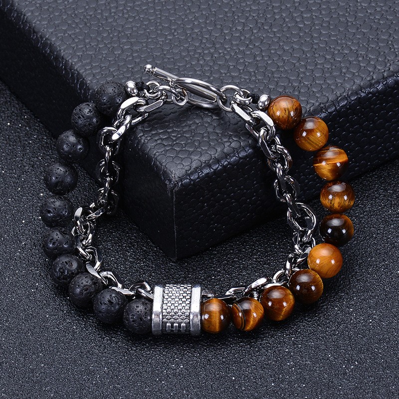 Natural Tiger Eye Bead Bracelet Men's Stainless Steel Bracelet Bangle