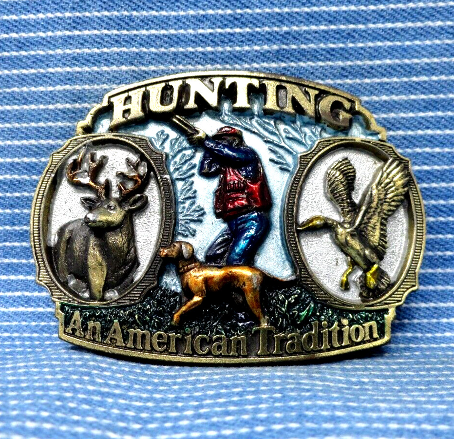 Hunting Belt Buckle Bird Dog Deer Duck Hunter Sportsman Vtg 80s TGABC    .PCB877