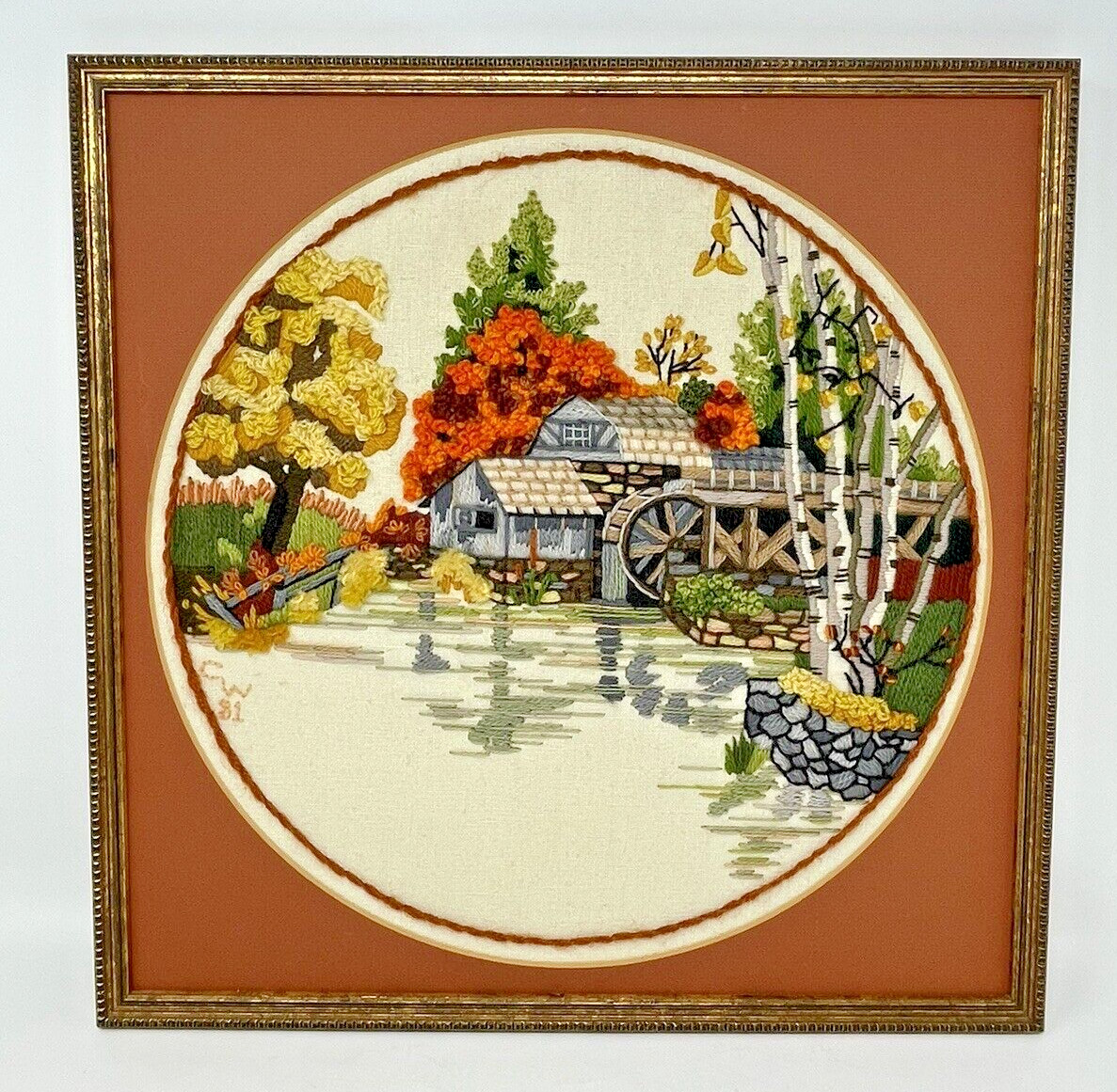 Vintage Crewel Embroidered Framed Fall Autumn Mill Scene Signed Art Decor 17" Sq