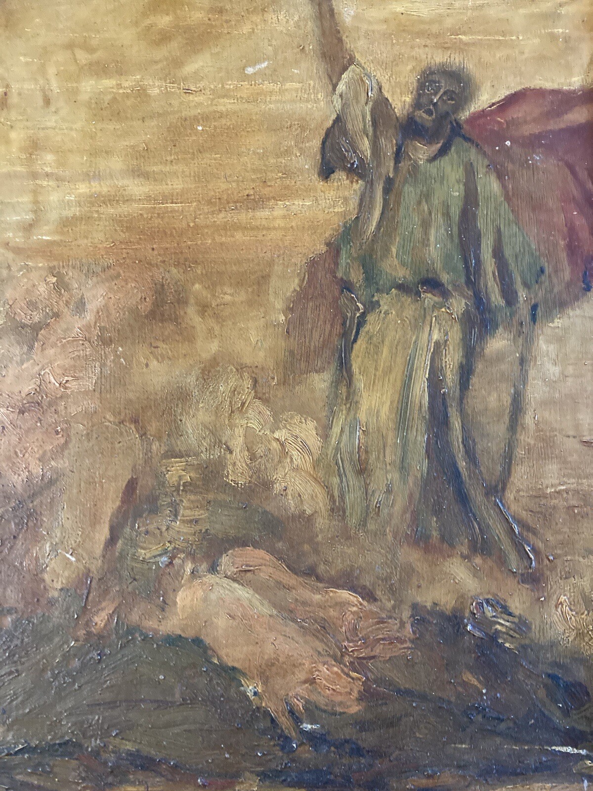 TRes Belle Peinture Huile Sur bois Cochon Mythologie Homme Art 1940 A Identifier